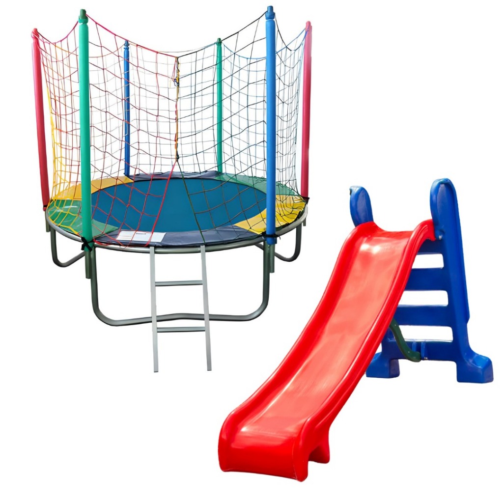 Cama Elástica Infantil Pula Pula Nacional 1,83m + Escorregador Médio 3 Degraus | Azul Com Vermelho em Oferta na Shopee
