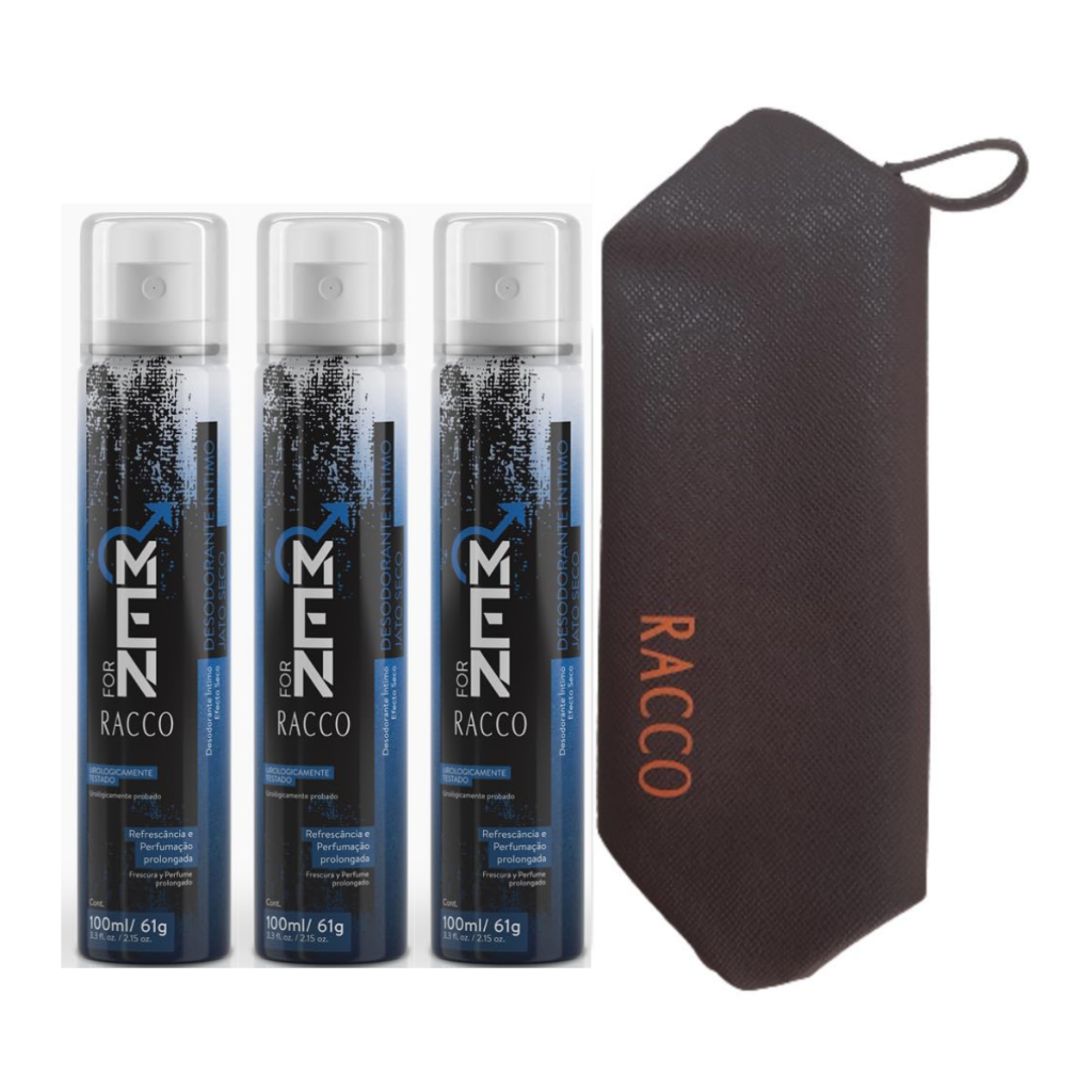 Kit 3 Racco Spray Desodorante Intimo For Men 100mL Cada + Bolsa Necessaire Marrom Masculina