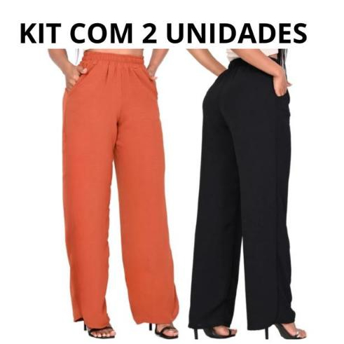 Calça Feminina Pantalona Tecido Duna Kit com Duas Unidades Cintura Alta Com Bolso Wide Leg