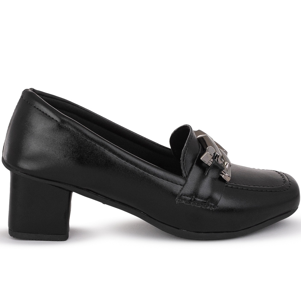 Mocassim Salto Preto Sapato Feminino de Salto Baixo Quadrado Elegante e Atemporal Ref: Q.570
