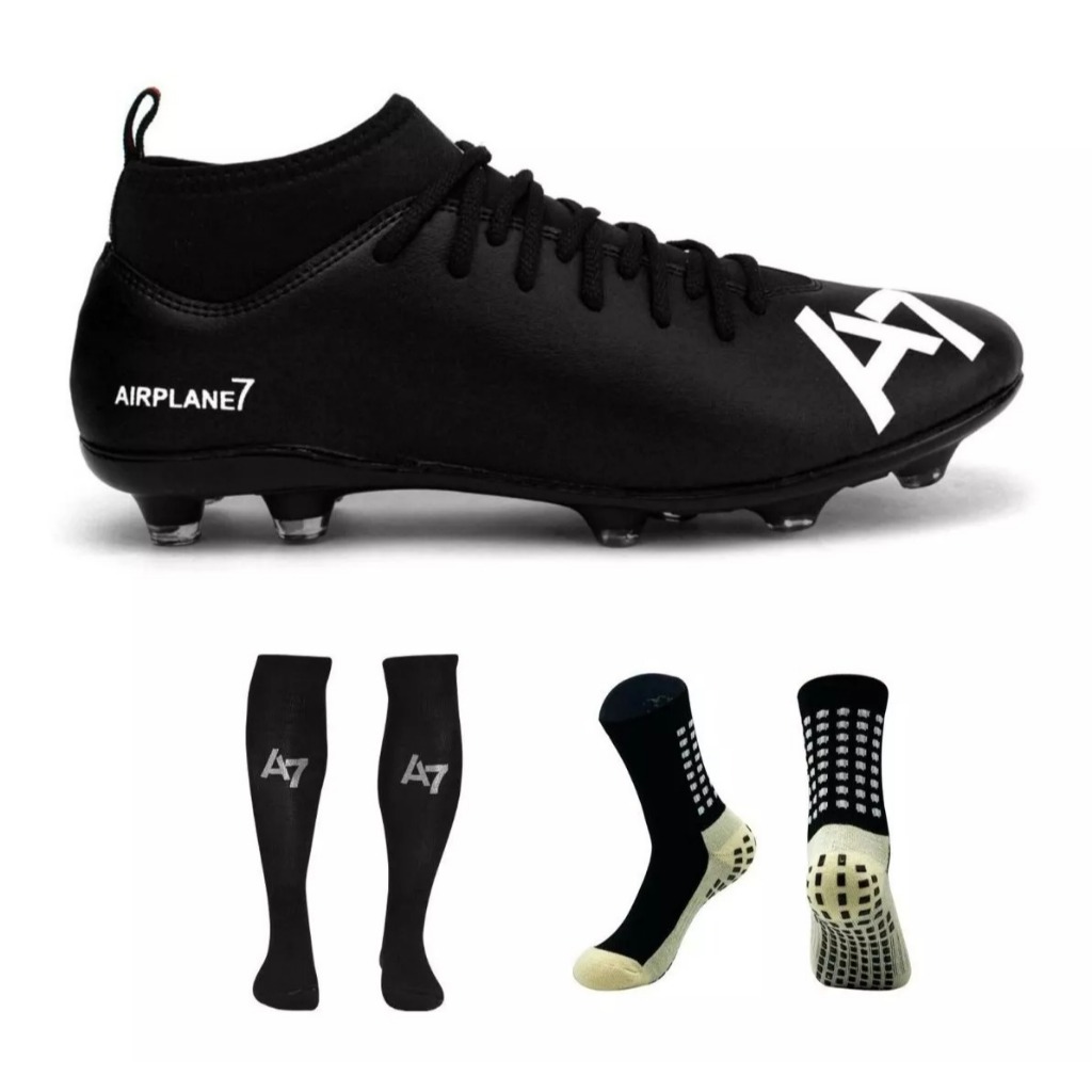 Chuteira De Botinha A7 Campo Com Trava + Meia Antiderrapante e Meião Preto em Oferta na Shopee