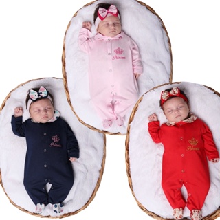 Kit 03 Macacão Para Bebê Princesa Com Faixa De Cabelo em Oferta na Shopee