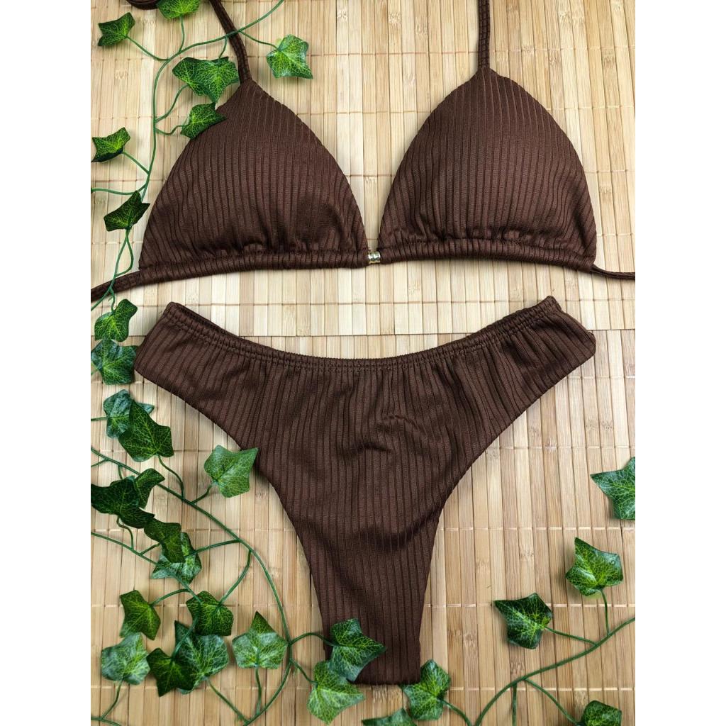 Biquini Cortininha Texturizado Canelado Amarrar Calcinha Asa Delta Tendencias Verão Bojo Removível em Oferta na Shopee