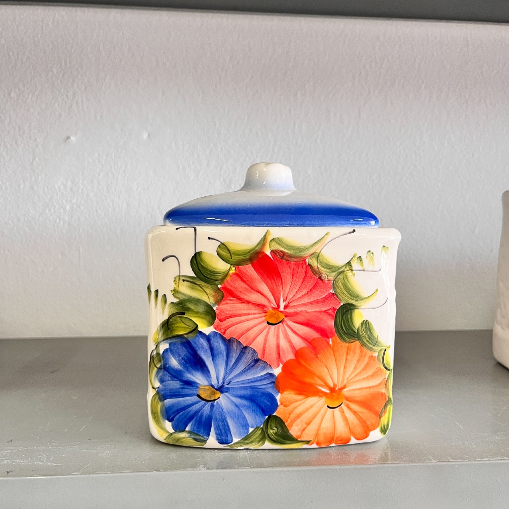 Pote de cerâmica médio armazenador de alimentos pintura flores (açucareiro, saleiro, farinheiro)