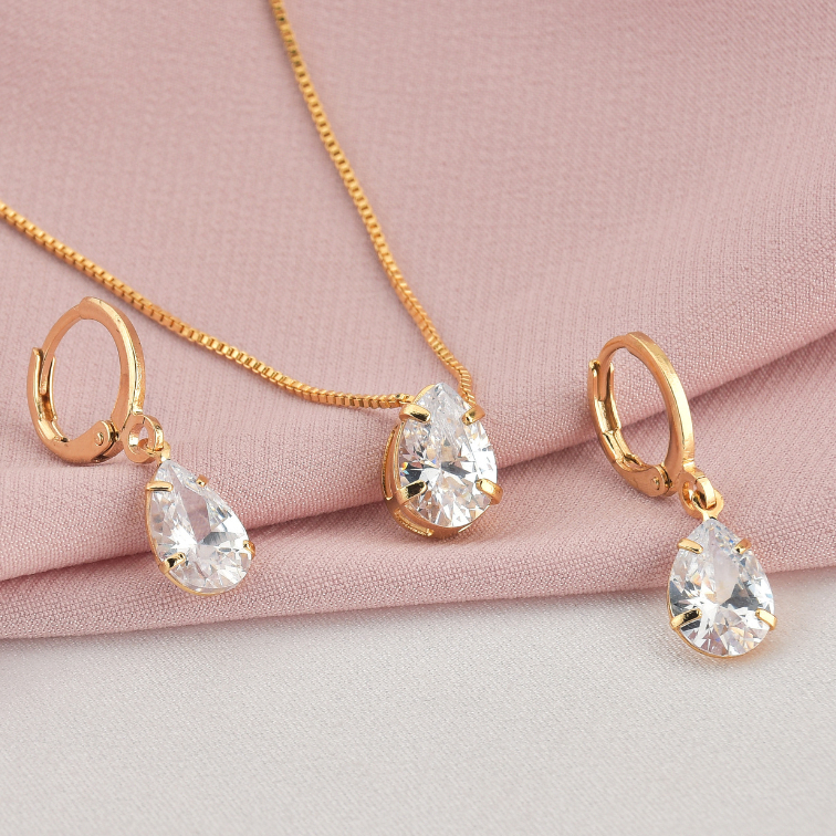 Conjunto Calar e Brinco Gota Feminino Folheado de Ouro 18k Semi Joia Luxo + Caixinha Presente