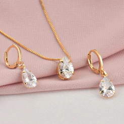 Conjunto Calar e Brinco Gota Feminino Folheado de Ouro 18k Semi Joia Luxo + Caixinha Presente