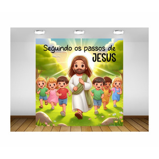 Painel de Festa Jesus e as Crianças Painel de Lona Seguindo os Passos de Jesus Bíblico Cristão Jesus Cristo Infantil