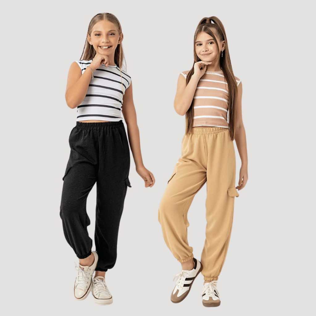Conjunto Blusa Calça Jogger Cropped Blusa Menina Infantil Feminino Blogueirinha Diva Festa Luxo Moda Elegante Preto Nude