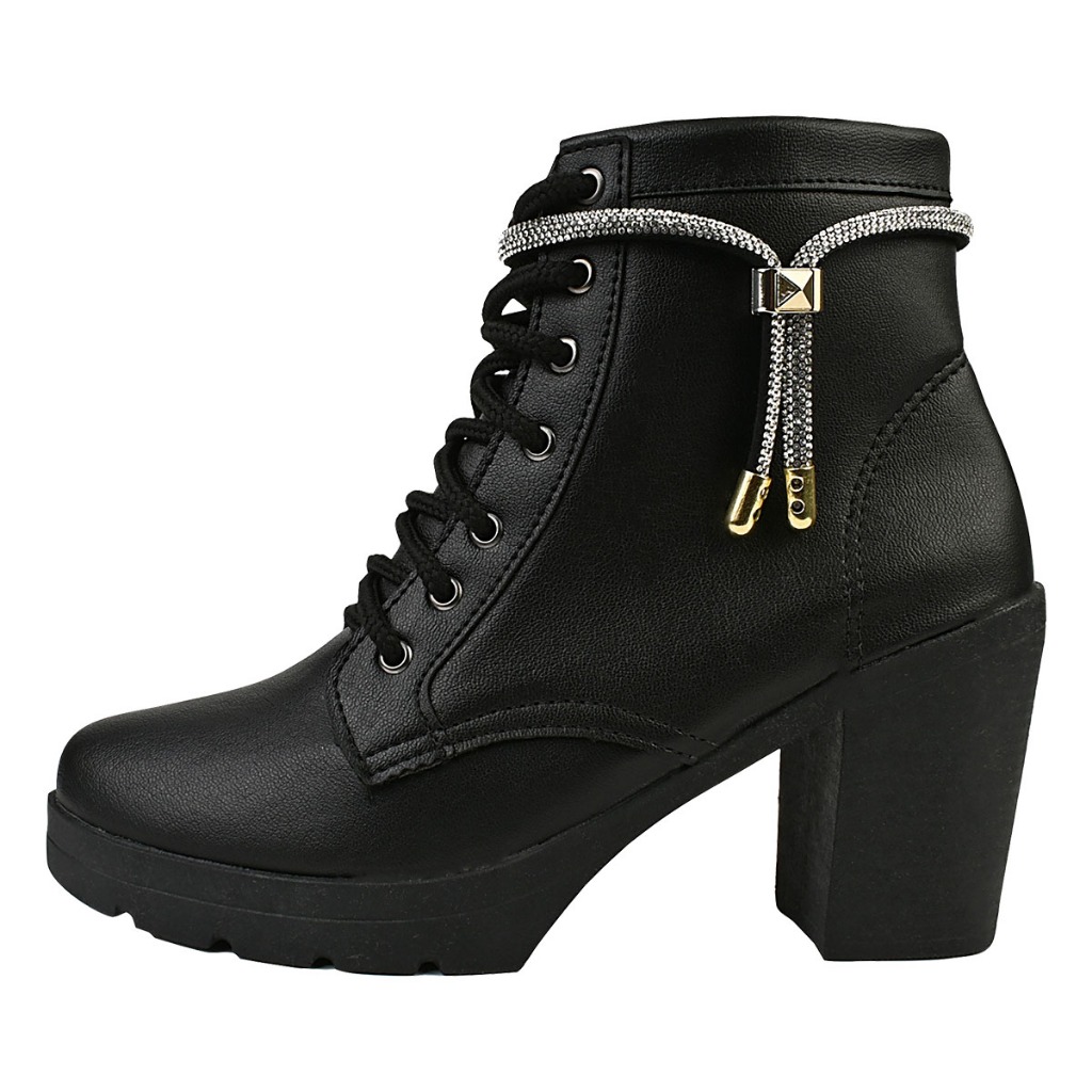 Coturno Feminino Bota Salto Alto Plataforma Preto Brilho Strass Cadarço Enfeite Removível Tendencia Novo