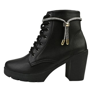 Coturno Feminino Bota Salto Alto Plataforma Preto Brilho Strass Cadarço Enfeite Removível Tendencia Novo