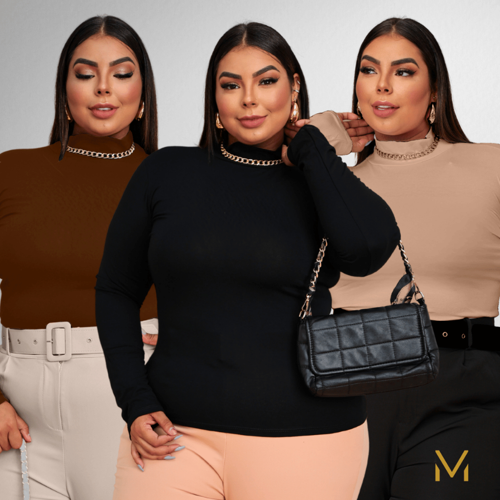 Kit 3 Blusas Feminina Cacharrel Plus Size Gola Alta Segunda Pele