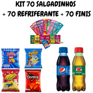 KIT 70 SALGADINHOS ELMA CHIPS + 70 REFRIGERANTES 200ml + 70 FINIS em Oferta na Shopee