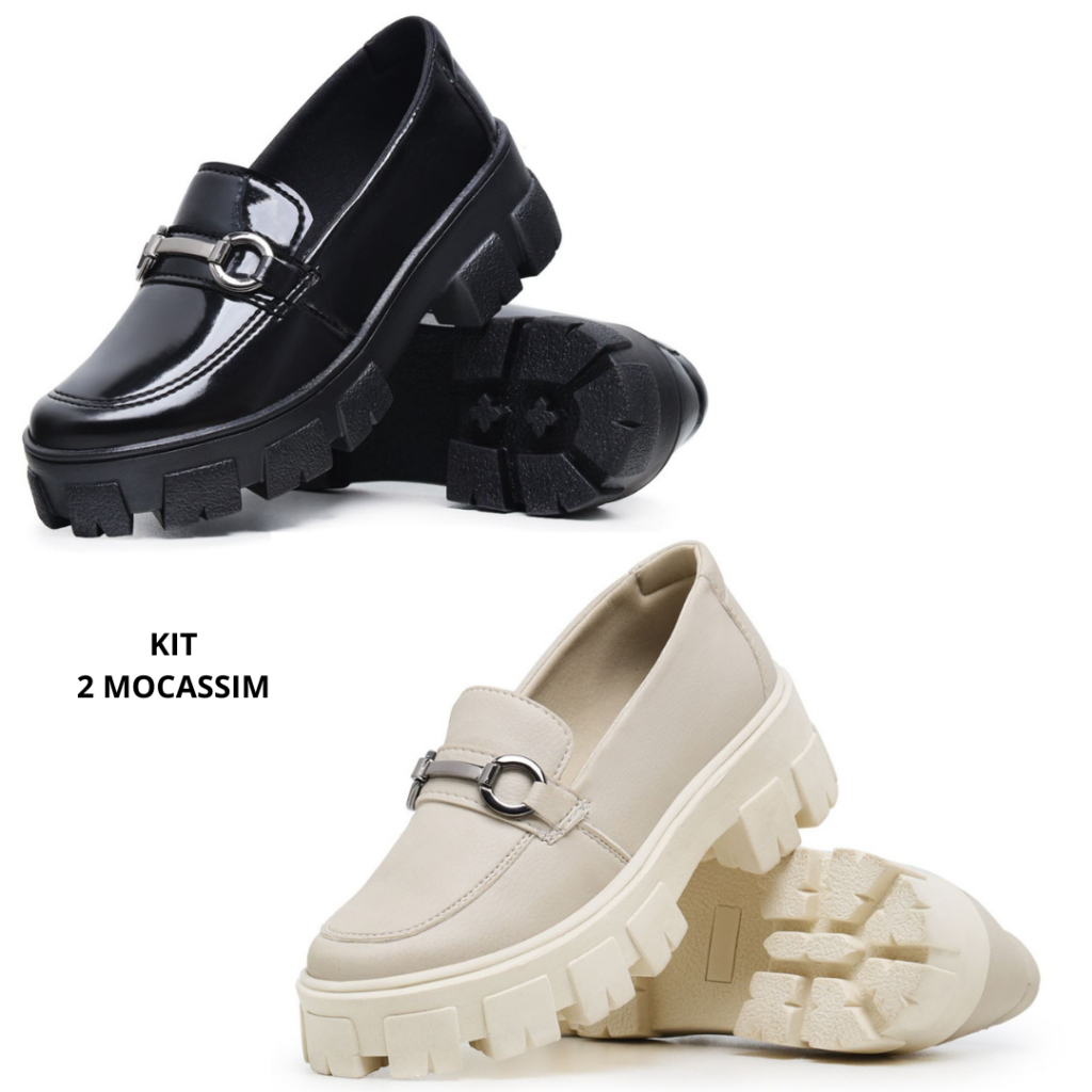 Kit 2 Pares Sapato Mocassim Feminino Blogueira Tratorado Elegante Confortável Promoção Barato