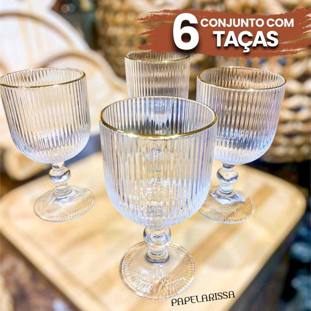 Jogo com 6 Taças para Agua com Borda Dourada 340ml Vidro Canelado Gold Versalhes
