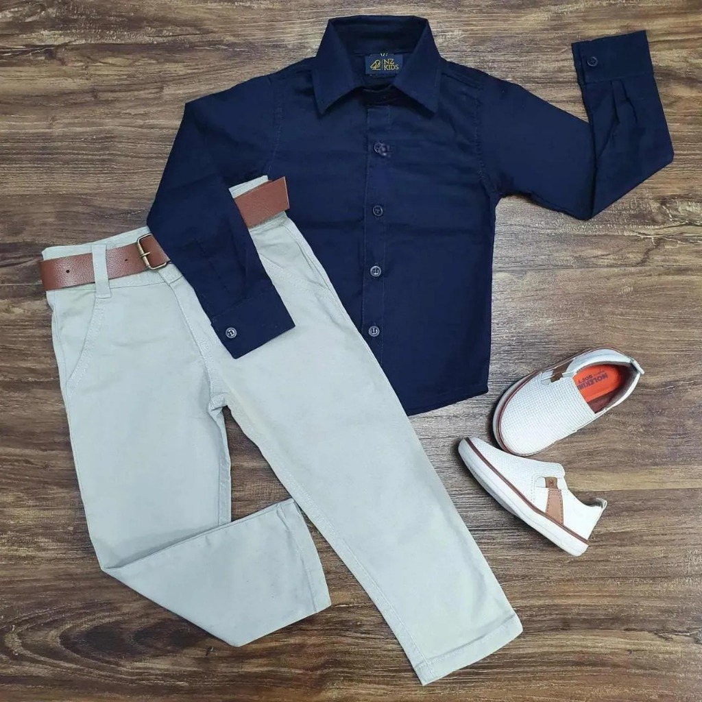 Roupa Conjunto Social Camisa Azul e Calça Nude Infantil em Oferta na Shopee