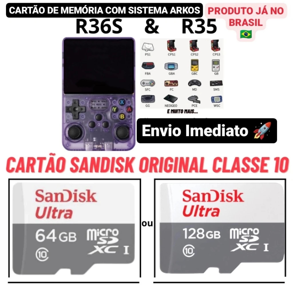 Cartão de Memória 64GB Original + Sistema ArkOS Atualizado 2025 + Jogos P/ Game Portátil R35s e R36s