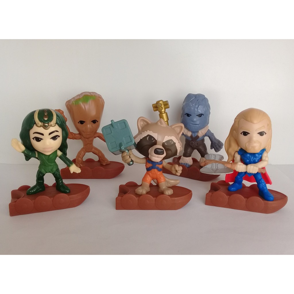 Lote 5 Bonecos Marvel: Mantis, Groot, Rocket Raccoon, Korg, Thor do McDonald's