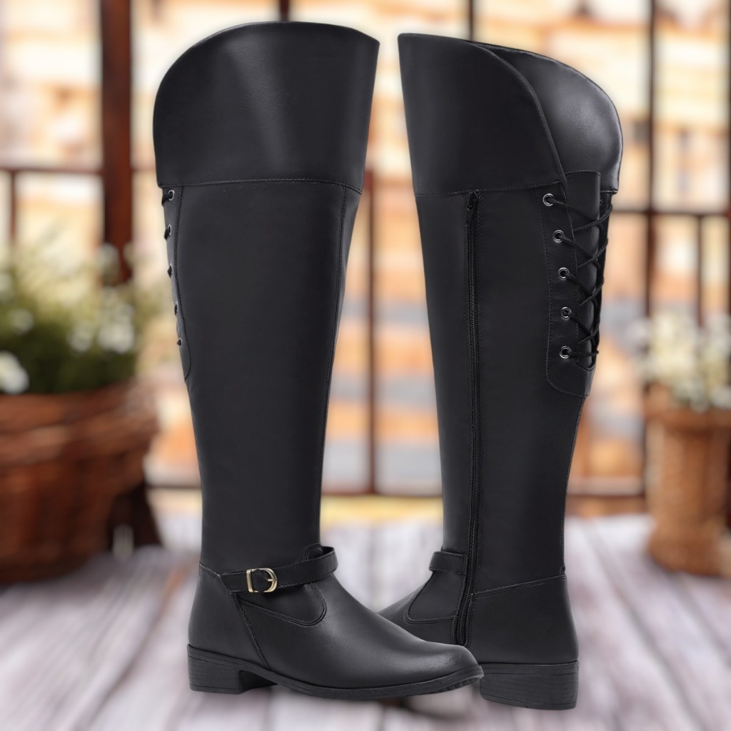 Bota Over Feminina Montaria Sintética Cano Alto Salto Baixo Com Amarração Para Frio Inverno