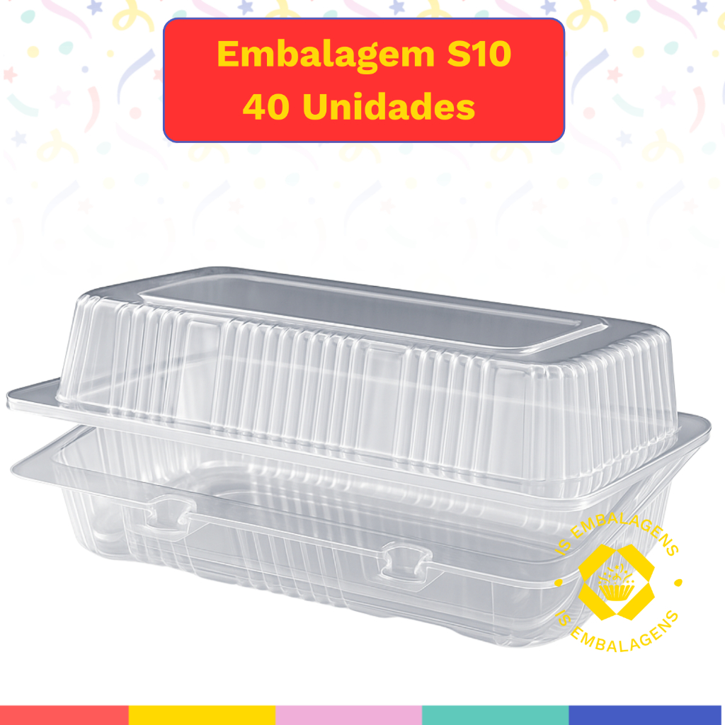 Embalagem S-10 retangular com tampa articulada para doces ou salgados c 40 unidades