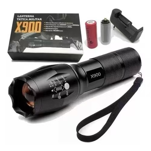 Lanterna Tática Militar X900 com Zoom Sinalizador Recarregável Luz Camping