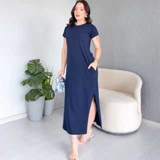 Vestido Longo 100% Algodão Bolso e Fenda - Feminino em Oferta na Shopee