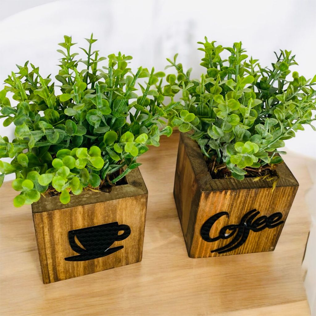 Arranjo De Flor Com aplique Acrilico Café Kit com 2 vasos  e Planta