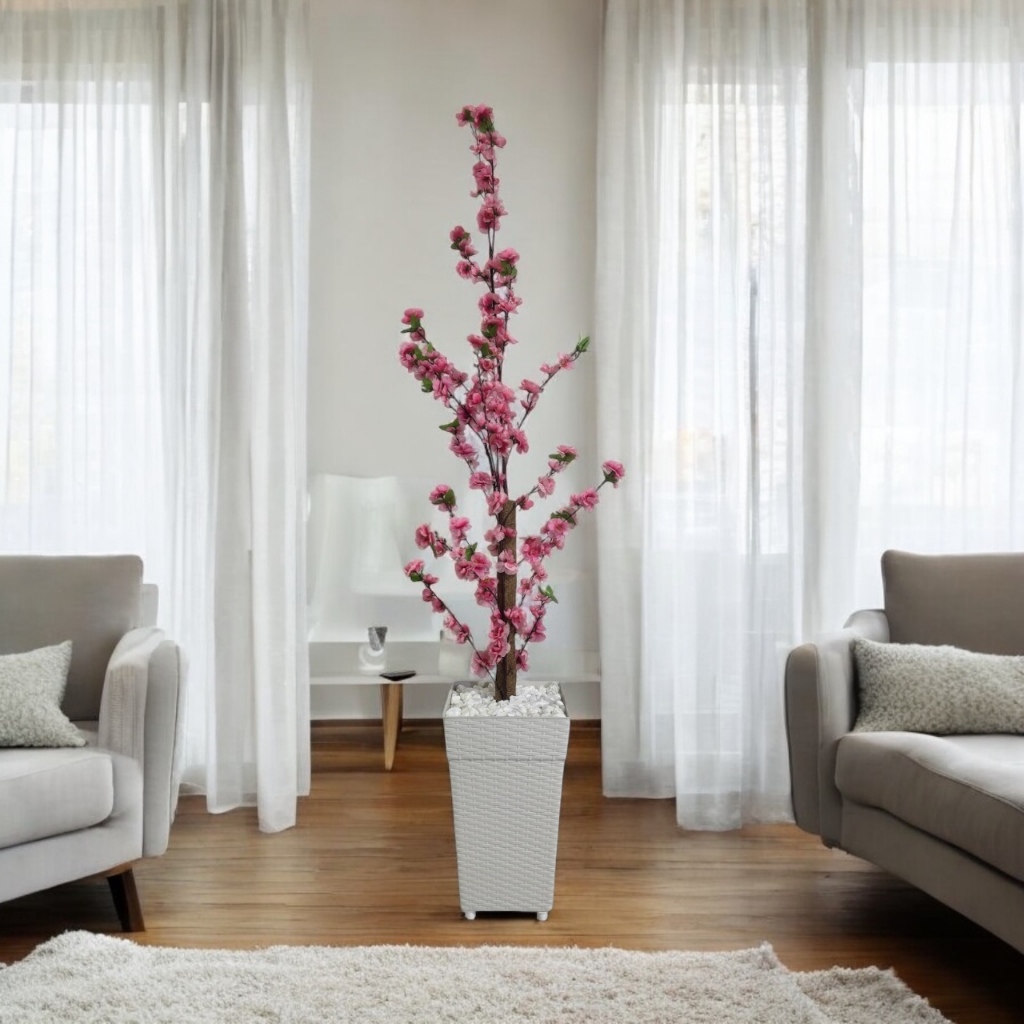 Planta Arvore Artificial Cerejeira Rosa Sakura + Vaso Branco Rattan Decoração Enfeite Casa Sala