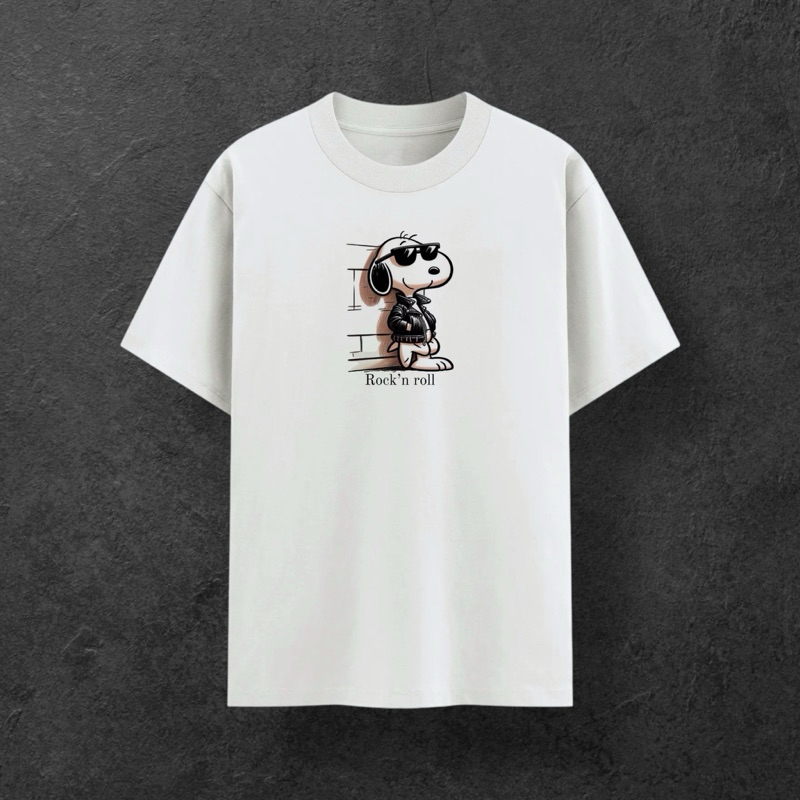 Camiseta Off White infantil Snoopy Rock n Roll off white 100% algodão