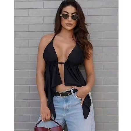 Cropped Bata Tendência Blusinha Modinha Moda Feminina Blogueira Verão Alcinha Costa Mia Babado