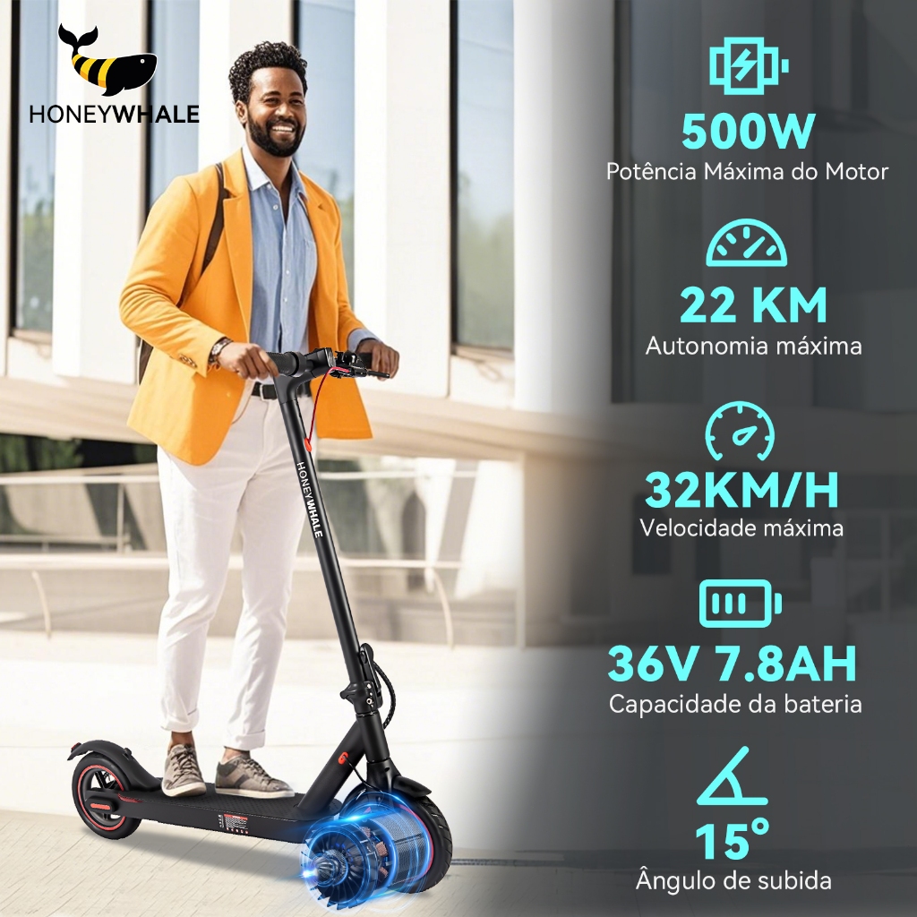 HONEYWHALE M2 Pro 500W Patinete Elétrico Scooter, Velocidade 32KM/H, 22KM Autonomia, App Bluetooth