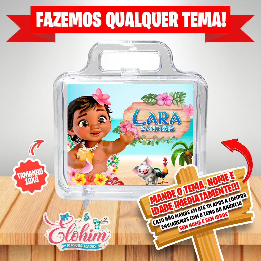 Rótulo Adesivo para personalizar Maletinha de acrílico Tamanho do adesivo 10x8 - Moana Baby