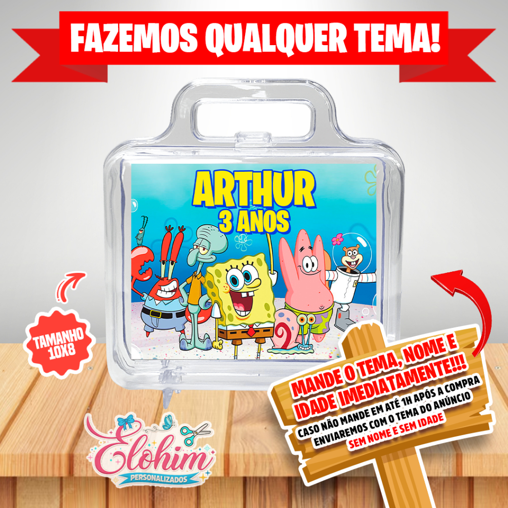 Rótulo Adesivo para personalizar Maletinha de acrílico Tamanho do adesivo 10x8 - Bob esponja