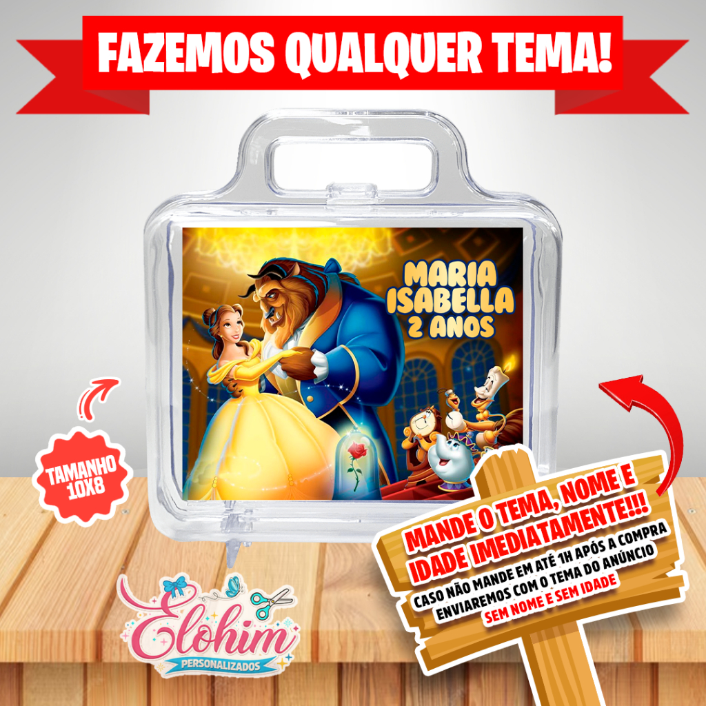 Rótulo Adesivo para personalizar Maletinha de acrílico Tamanho do adesivo 10x8 - Bela e a fera