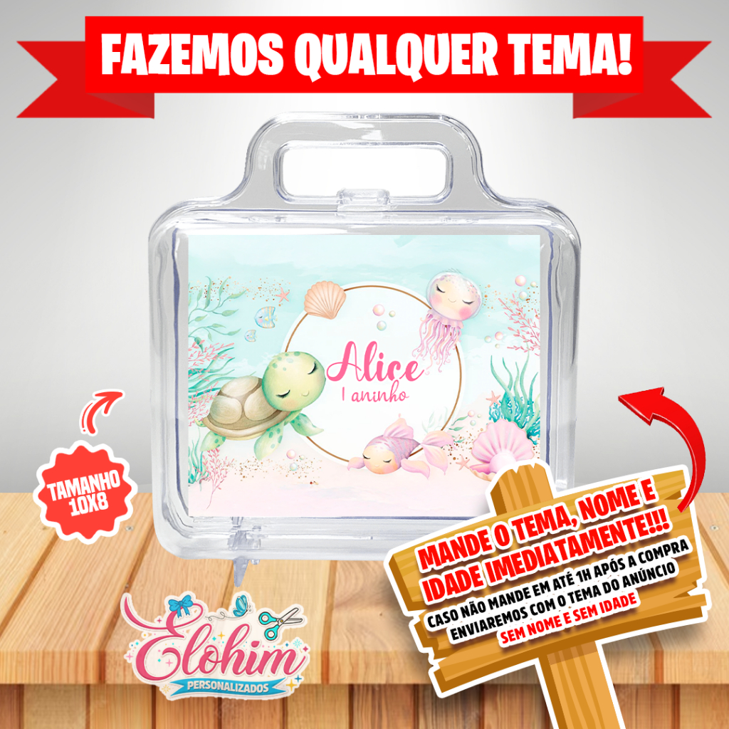 Rótulo Adesivo para personalizar Maletinha de acrílico Tamanho do adesivo 10x8 - Fundo do mar Menina