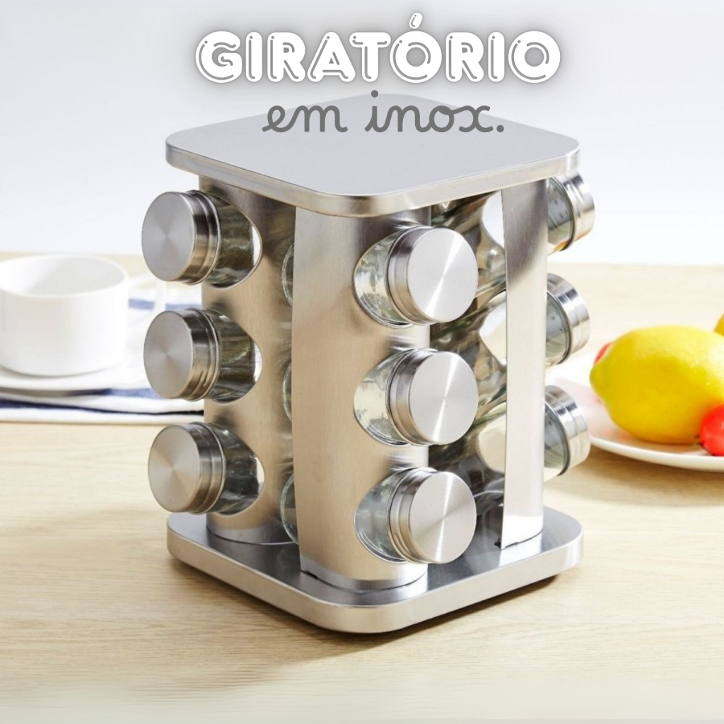 Porta Tempero Condimentos Giratório 12 Potes Inox e Vidro Organizador