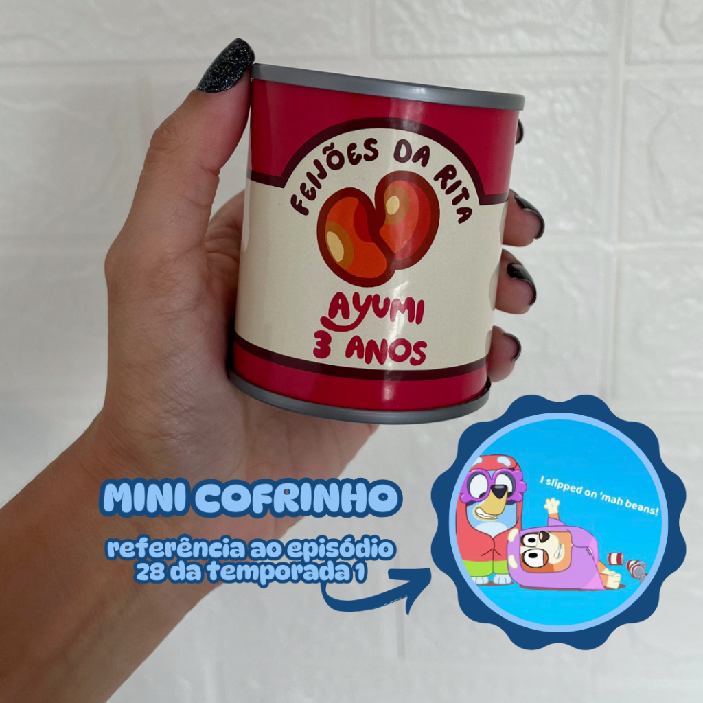 Lembrancinha Mini Cofrinho Personalizado Bluey | Latinha de Feijões da Rita | Rita's Beans