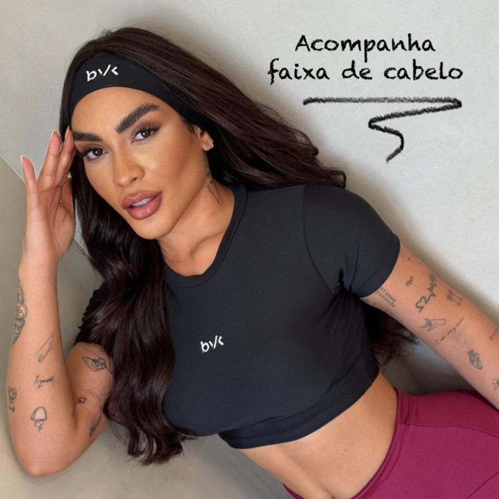 Kit top Cropped academia + faixa de cabelo bvk sport blusinha diferente esportiva treino corrida blusinha fitnes