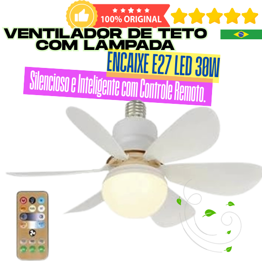 VENTILADOR DE TETO 6 PÁS 30W C/ LÂMPADA INTELIGÊNTE, 03 VELOCIDADES, SILÊNCIOSO C/ CONTROLE REMOTO.