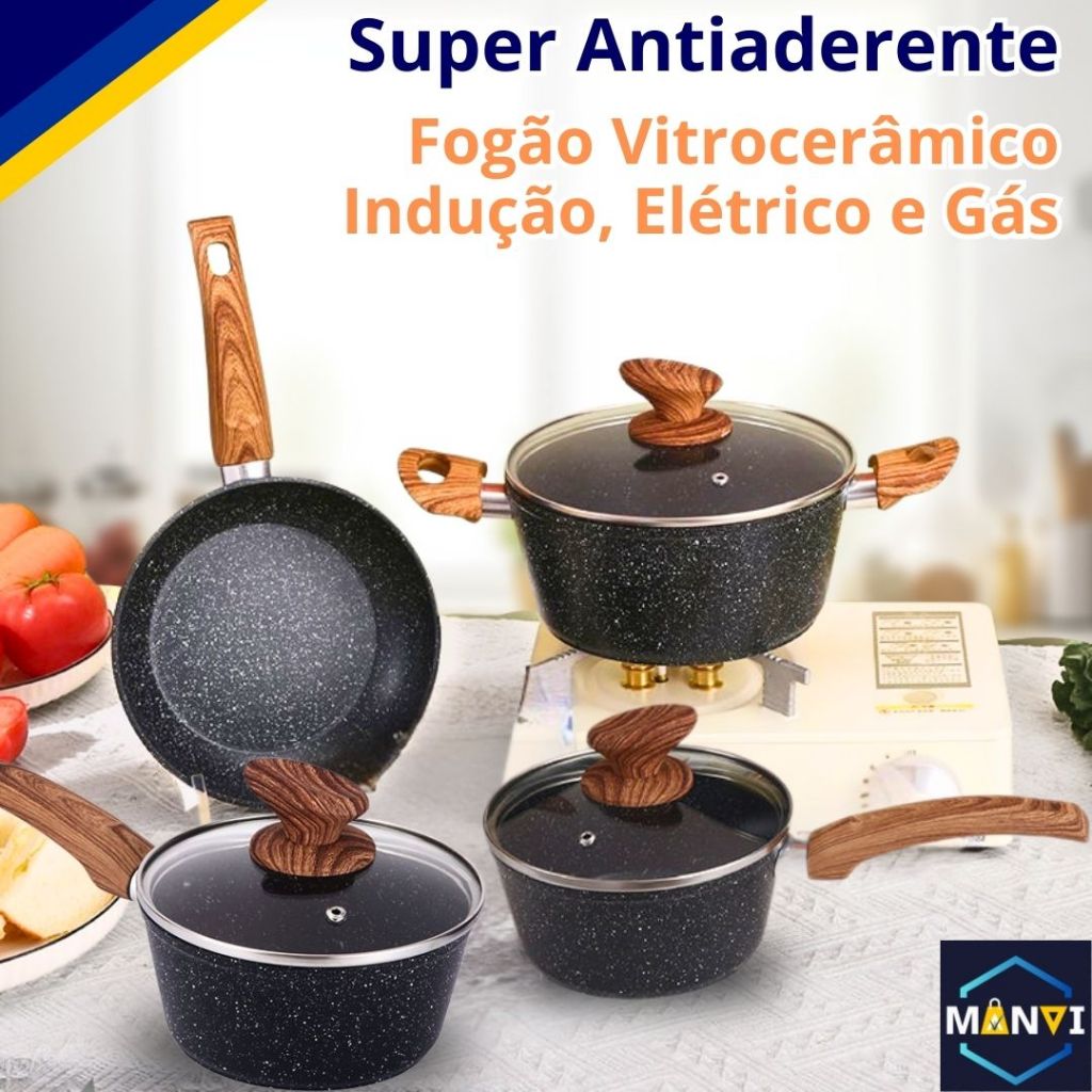 Conjunto Jogo de Panela Antiaderente 4 peças Preta e Vermelha para Fogão de Indução Tampa de Vidro