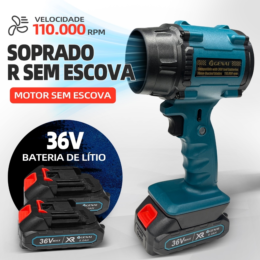 36V 1000W Turbo Leaf Blower - 2 Batteries, 200KM/H Wind, 110K RPM, Bivolt Charger - New 2024 Model