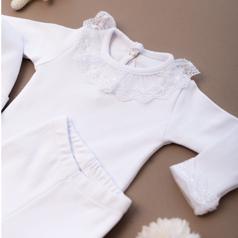 Kit 4 Saída Maternidade Peças Renda Branco Menina Recém Nascido 100% Algodão: Body, Calça, Touca e Luva