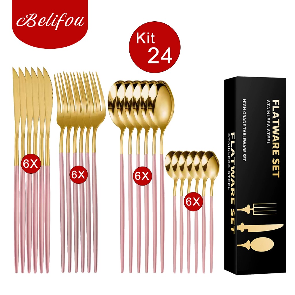 Belifou Kit 24 Jogo De Talheres Aço Inoxidável 416 Rosa Dourado - Juno