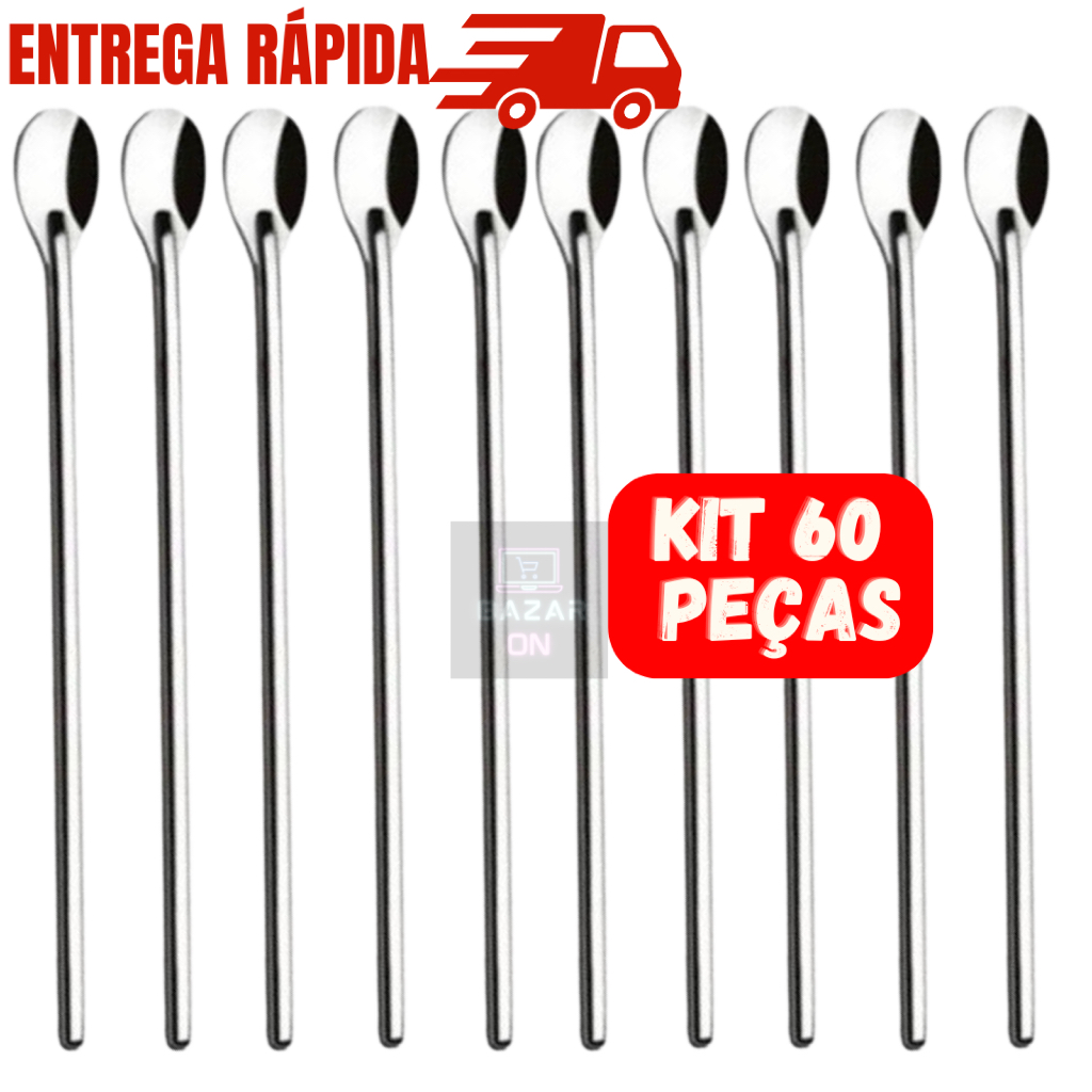 Kit Jogo com 60 Colheres Bailarina em Aço Inox Para Suco Laranja Morango Drinks Bebida Barmen