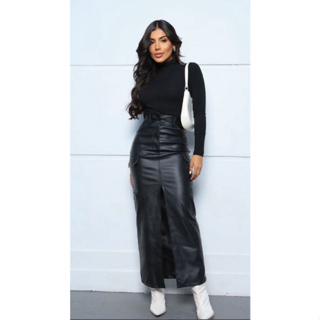 SAIA FEMININA COURO LONGA MIDI CARGO COM FENDA E BOLSOS TENDENCIA ELEGANTE em Oferta na Shopee