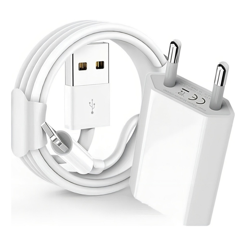 Fonte Carregador 5W + Cabo Lightning USB Compativel iPhone iPad iPod Fonte 5w Lightning Nf Cabo 1M