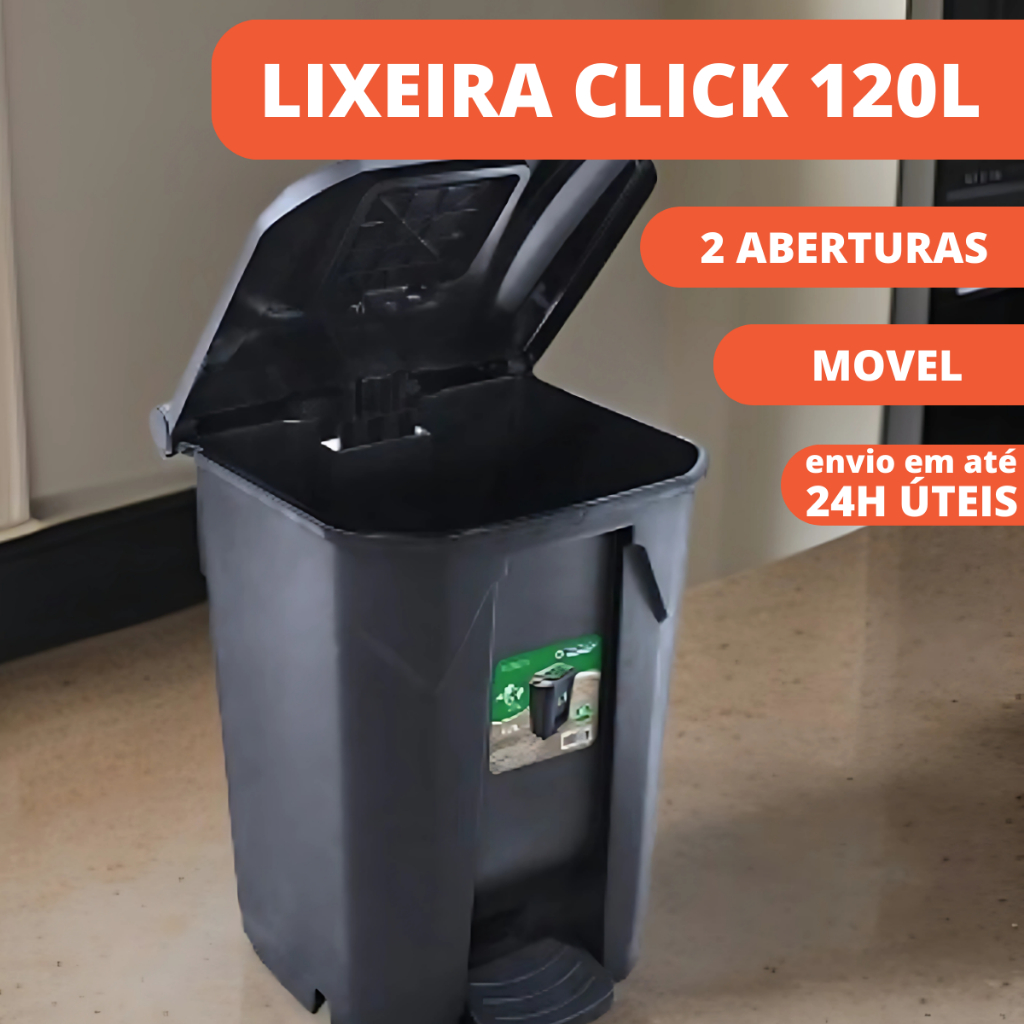 Lixeira Container Click 120L Preta Grande C/ Rodas e Pedal Tipo Gari - Condomínio Escritório Área Externa