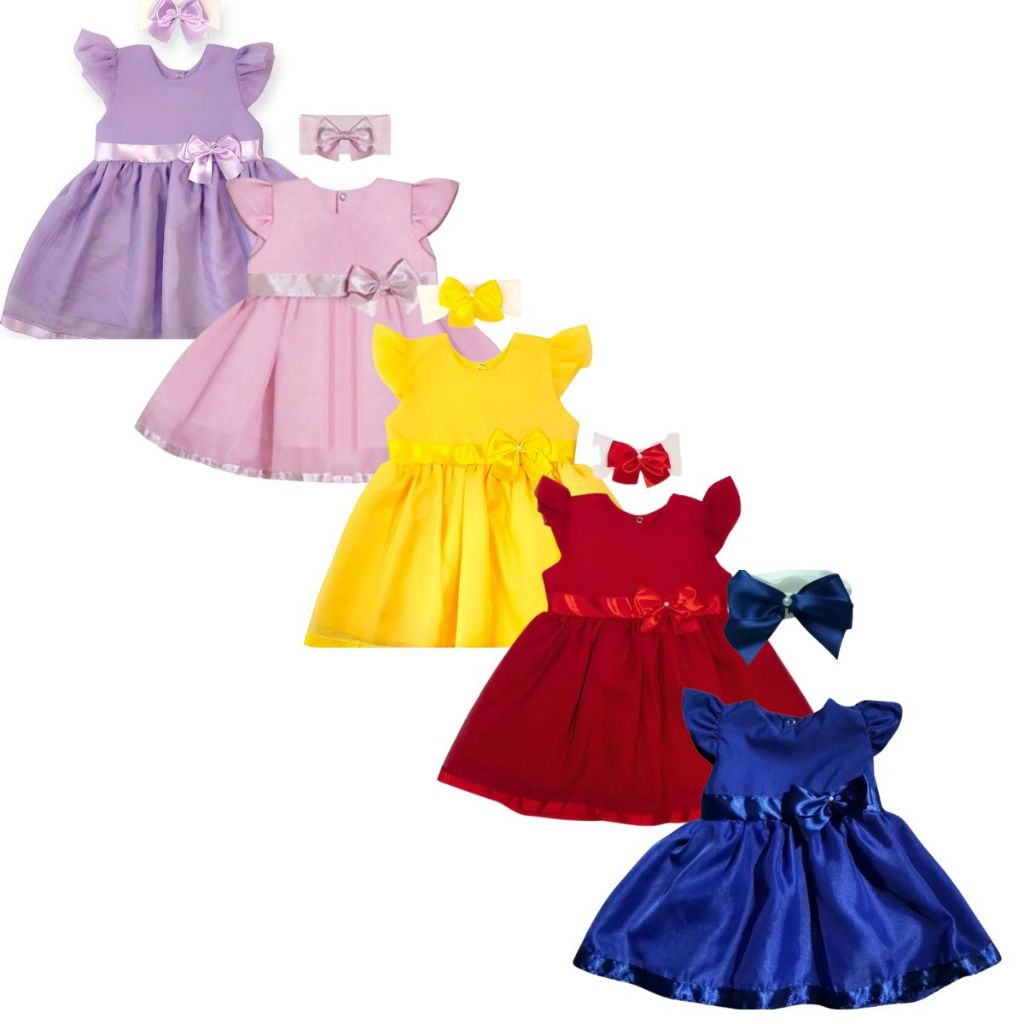Vestido Princesa Bebê Luxo com Tiara 100% Algodão Várias Cores Detalhes em Voal e Cetim