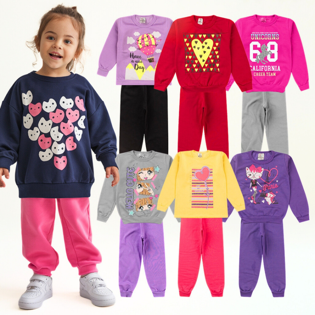Kit Sortido de 4 ou 8 Peças Conjunto Moletom Infantil Menina Outono Inverno Mang