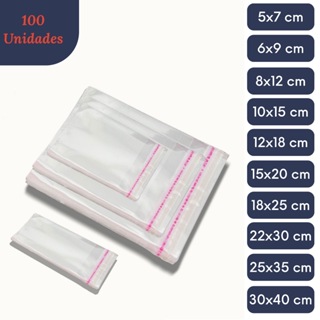 kit 100 Saco Adesivado Saquinho Transparente Plástico 5x7/6x9/7x12/10x15/12x18/15x20/18x25 sem furo em Oferta na Shopee