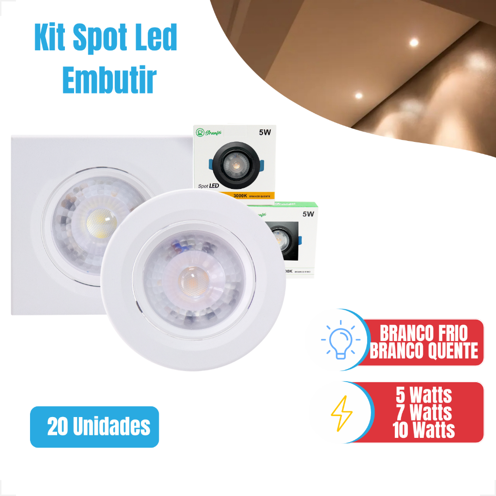 Kit 10/20 Luminária Led Spot 5w 7w 10w Quadrado Redondo - Embutir Branco Frio Neutro Quente - MEGA